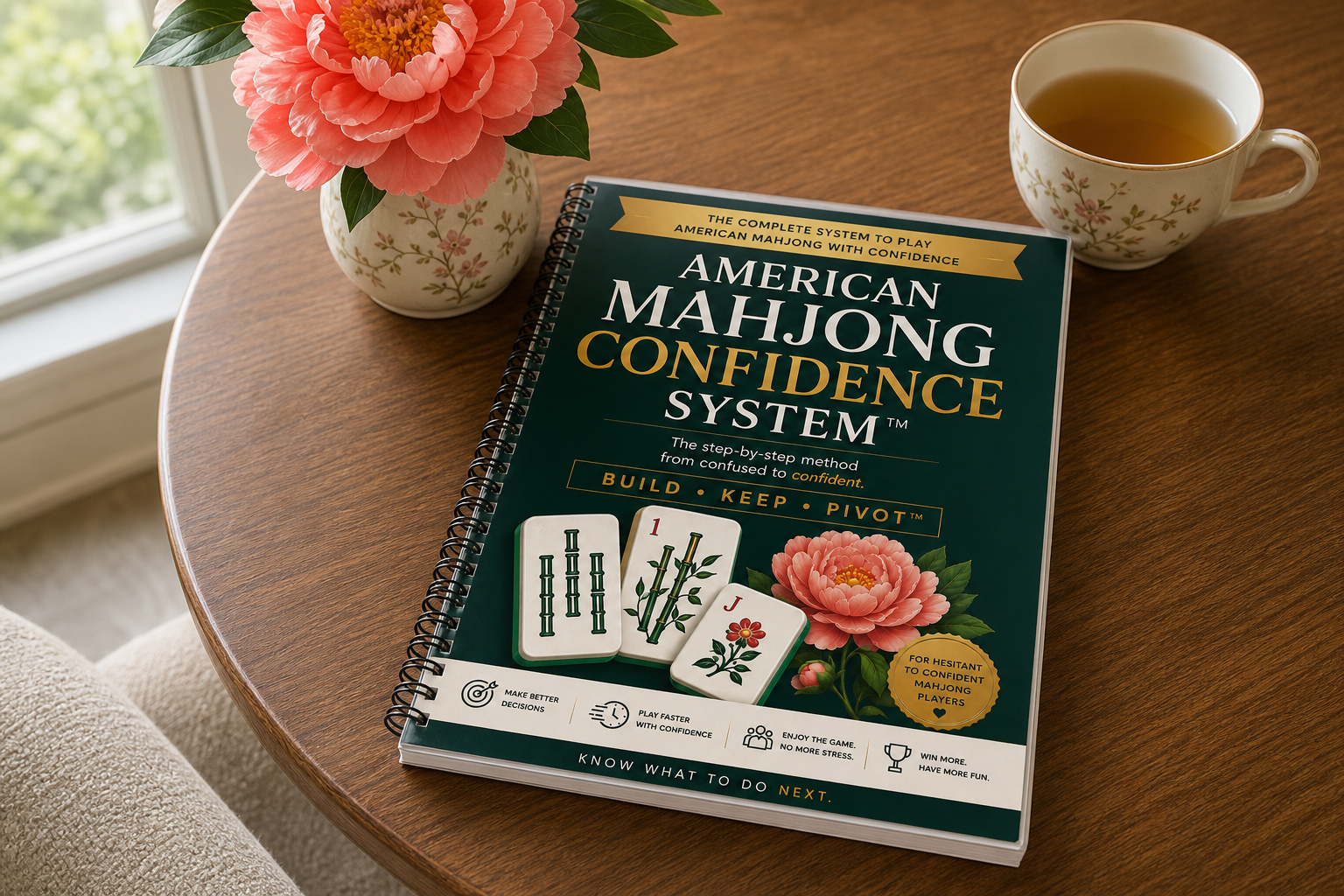 Spiral-bound American Mahjong Confidence System manual on a wooden table at home