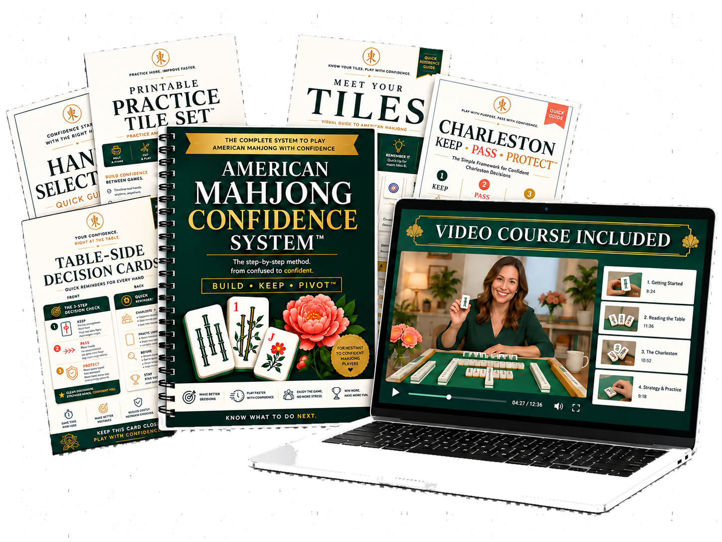 Mahjong With Confidence System bundle with the included 18-lesson video course shown on a computer